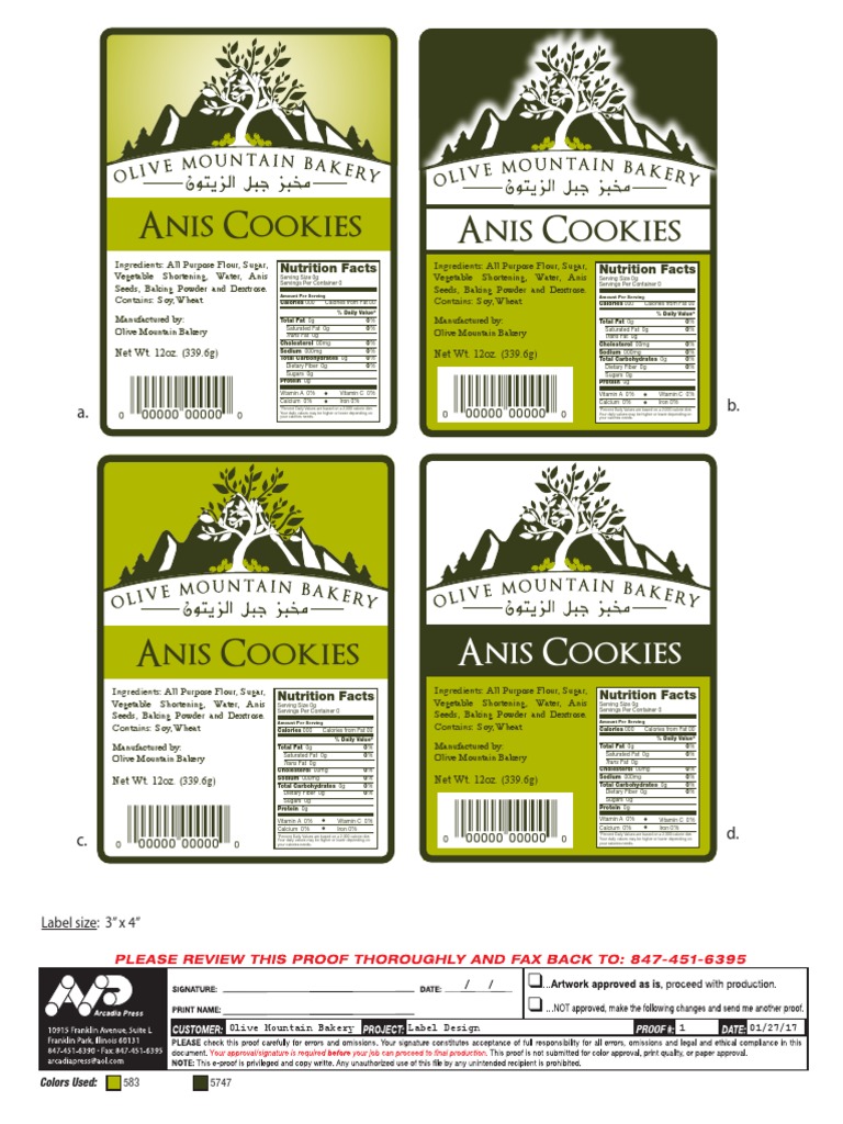 Olive Mountain bakery | Nutrition Facts Label | Nutrition