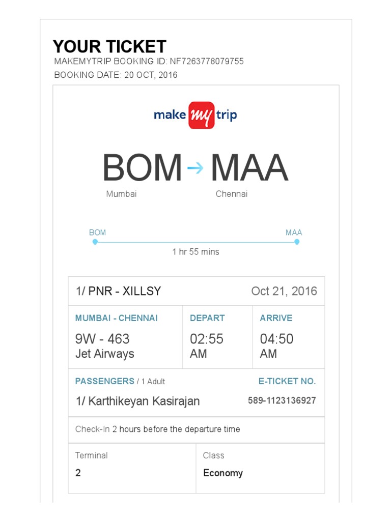 Flight Itinerary and Ticket Details from Mumbai to Chennai on Jet ...