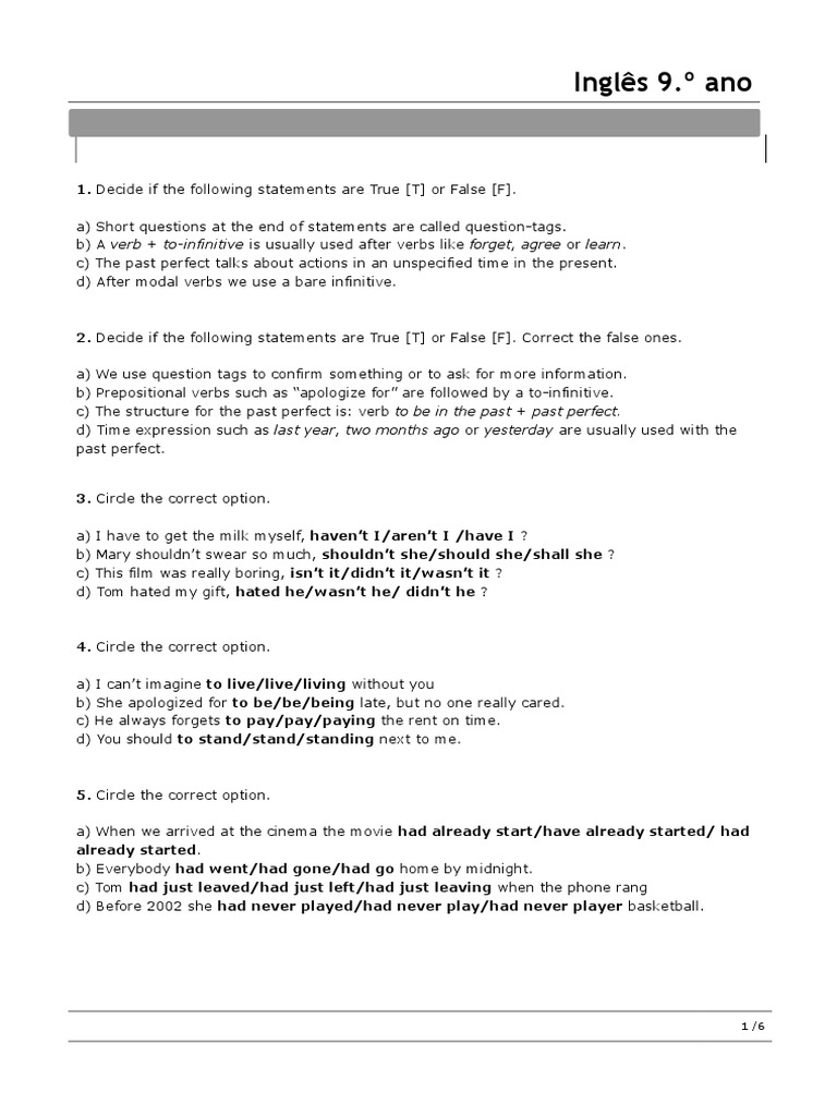 English 9th Grade: Verb Forms & Question Tags | PDF