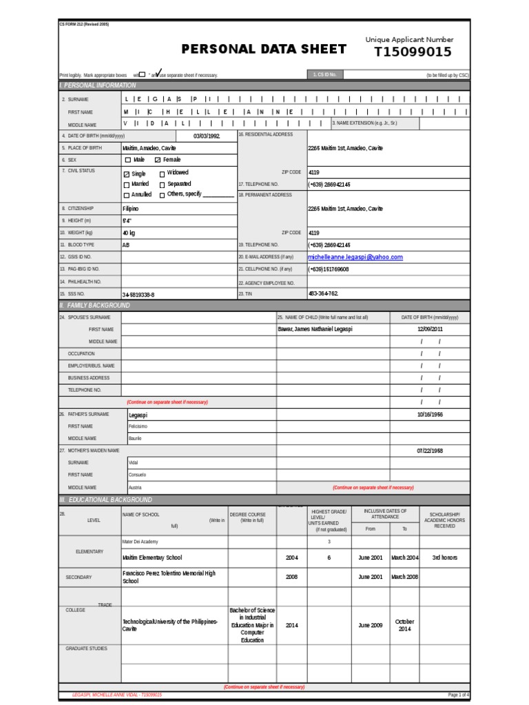 CSC Form 212 Personal Data Sheet | PDF | Government | Government ...