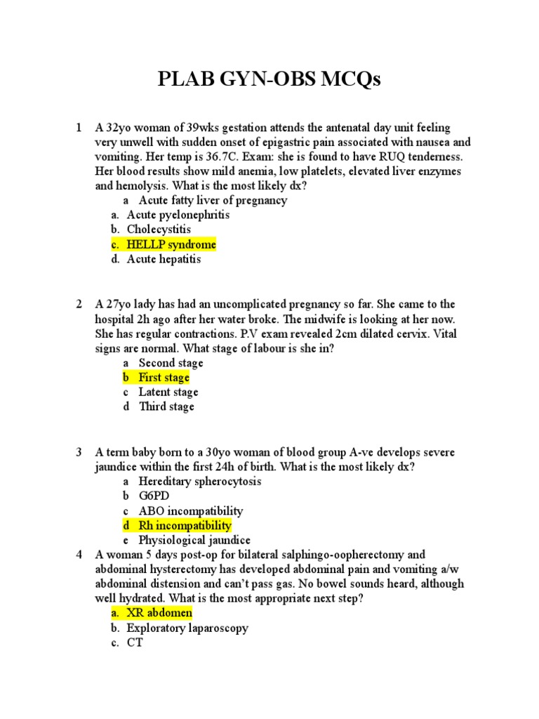 PLAB Obs Gyne MCQs | PDF | Childbirth | Pregnancy