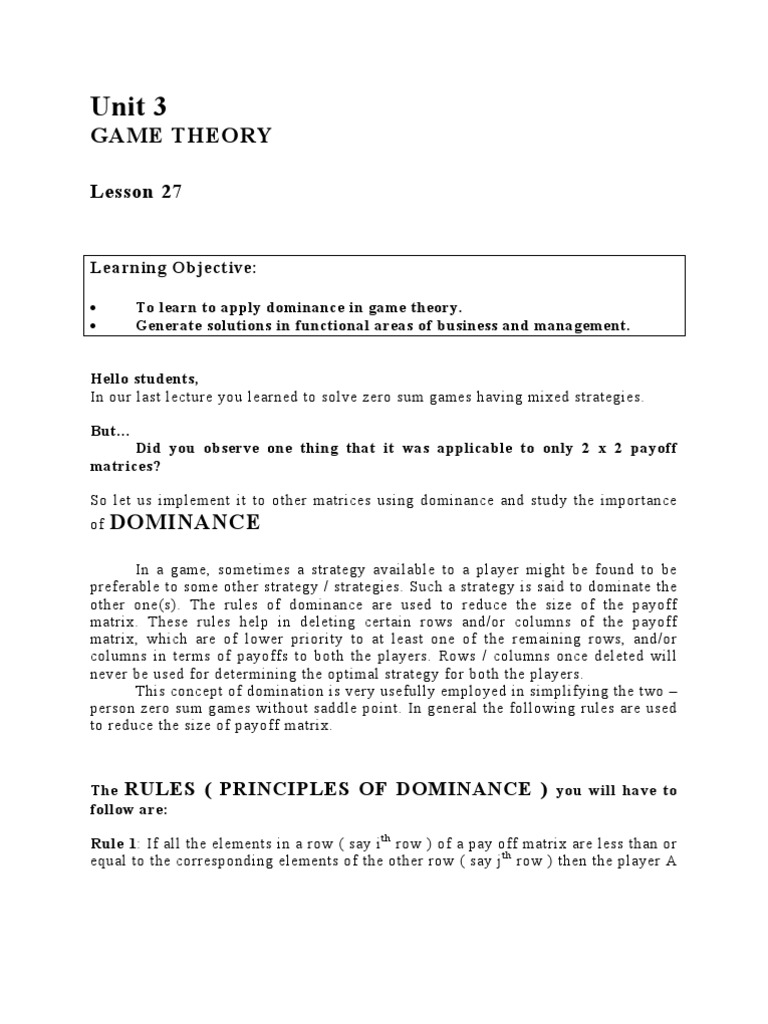 Dominance in Game Theory PDF Matrix (Mathematics) Applied Mathematics