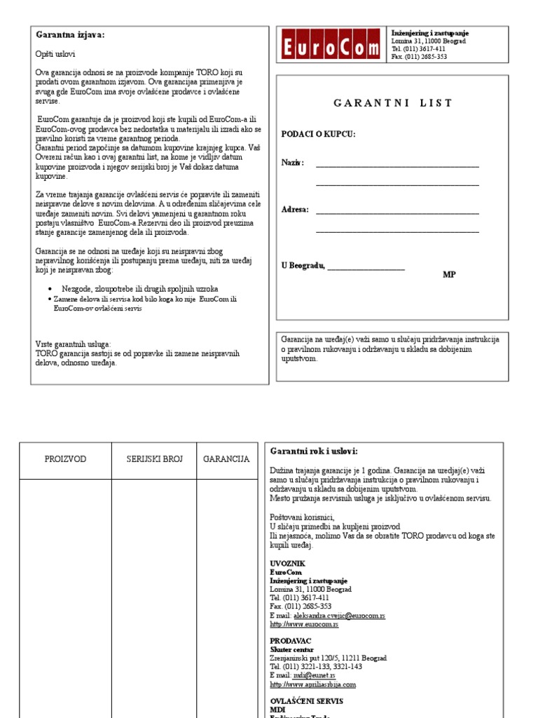 Garantni List TORO | PDF
