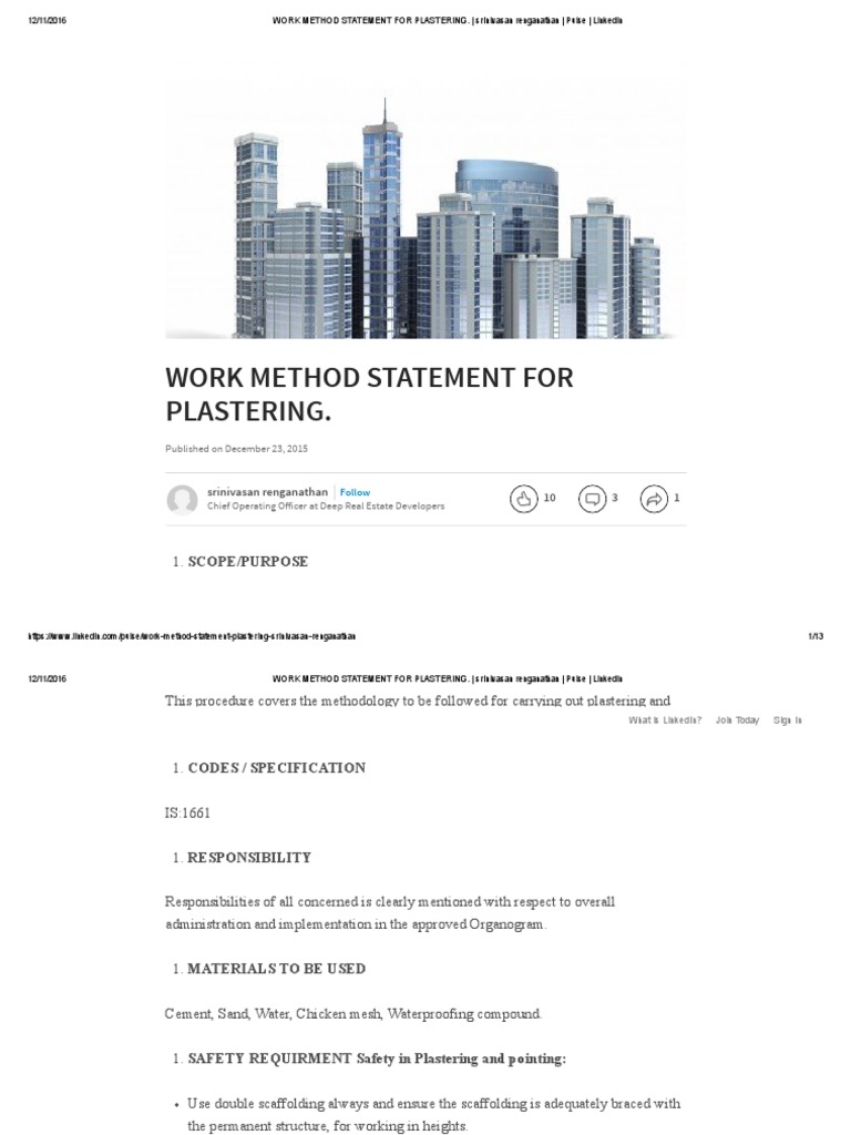Work Method Statement for Plastering Mortar (Masonry) Plaster