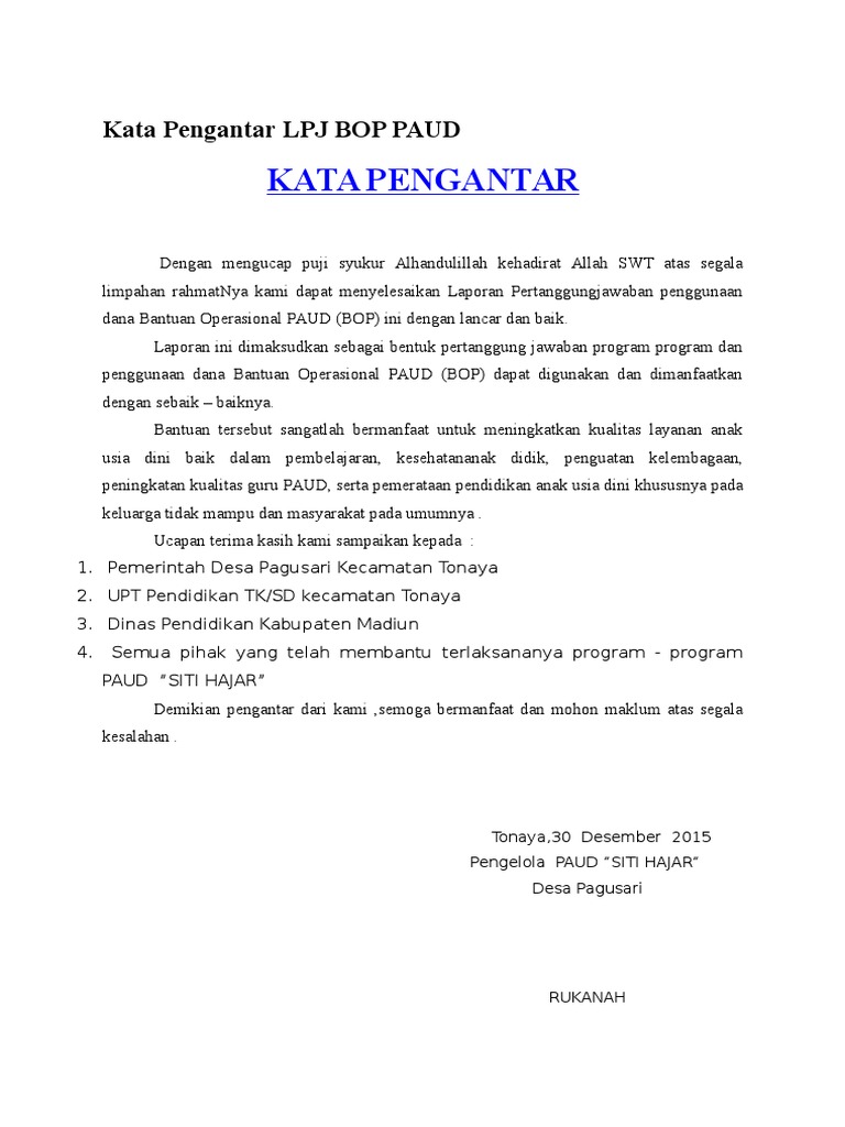 Kata Pengantar Lpj Bop Paud