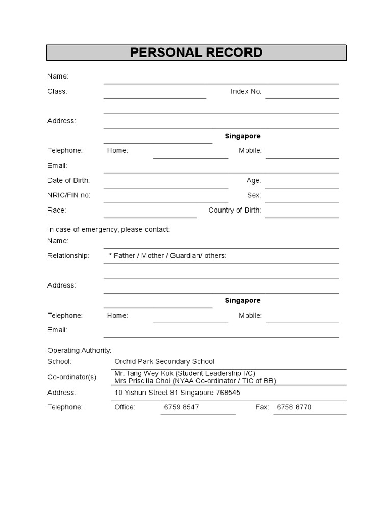 Personal Details and Award Requirements for NYAA Bronze Level PDF