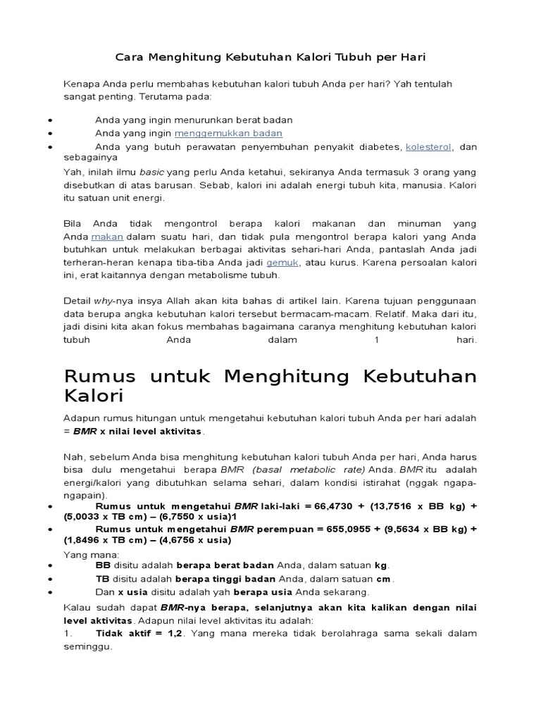 Cara Menghitung Kebutuhan Kalori Tubuh Per Hari Pdf