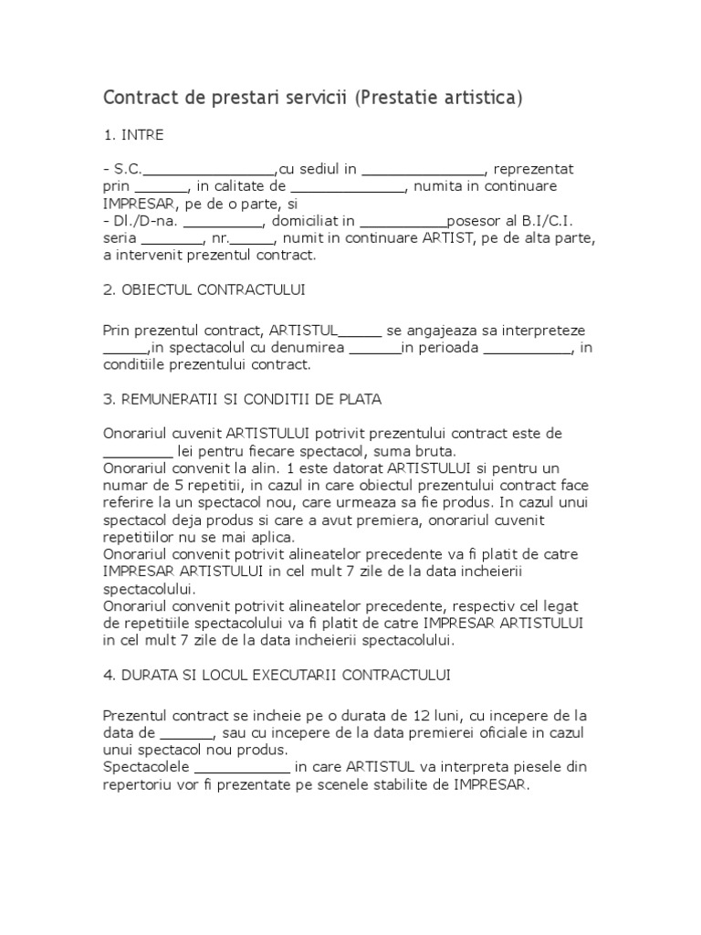 Model contract de prestari servicii