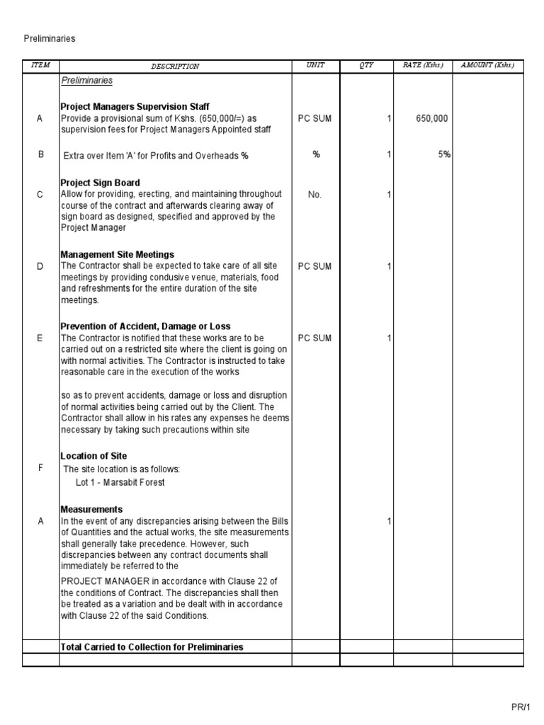 Bills of Quantities for Preliminary Items Invoice General Contractor