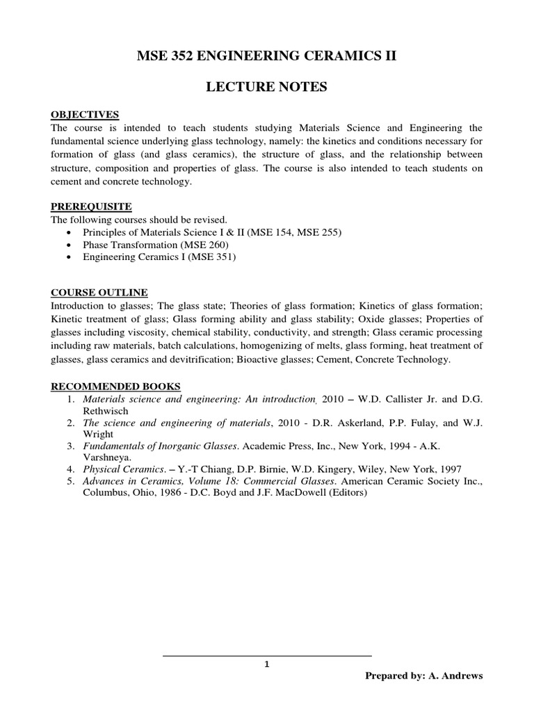 Mse 352 Engineering Ceramics II Lecture Notes Referenced DR. Andrews