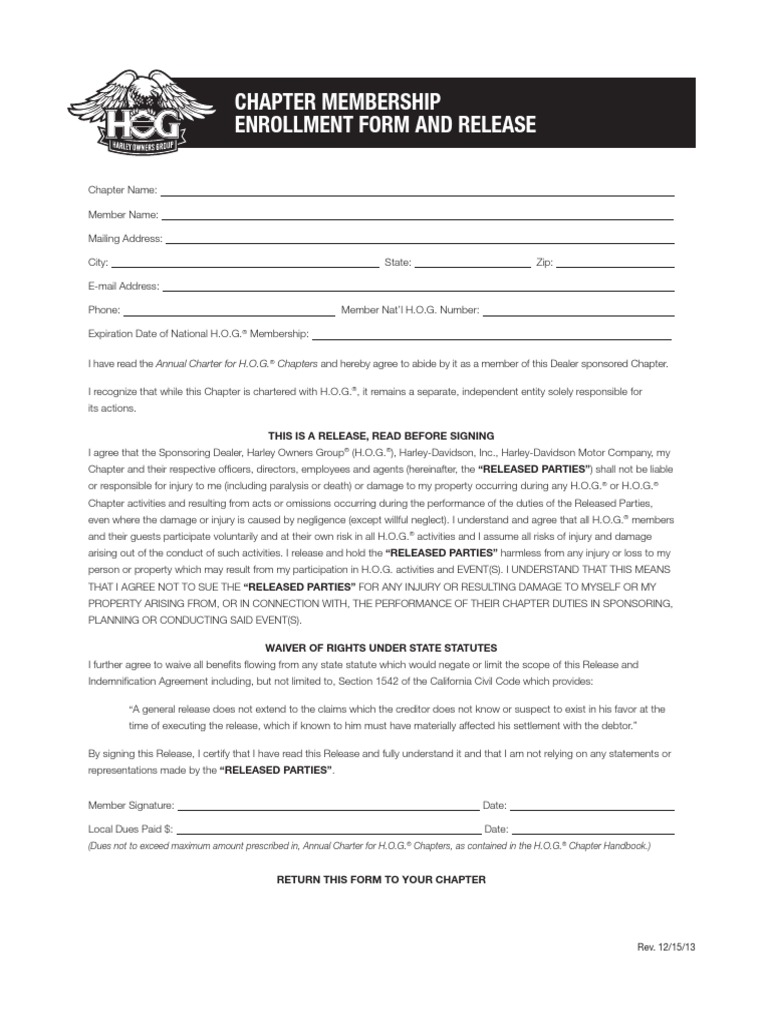 H.O.G. Chapter Membership Enrollment Form | PDF | Negligence | Civil ...