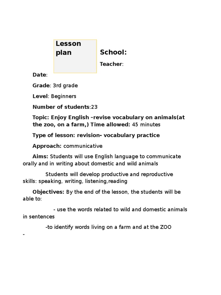 Lesson Plan On Animals | PDF | Lesson Plan | Vocabulary