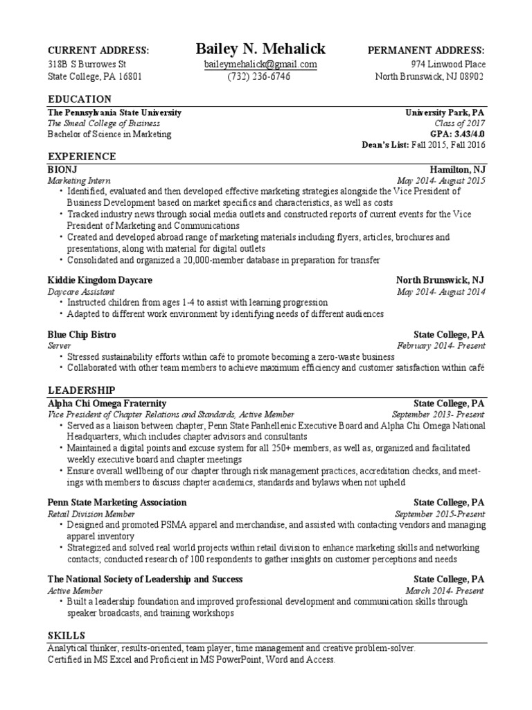 Marketing Resume of Bailey Mehalick | PDF | Pennsylvania State ...