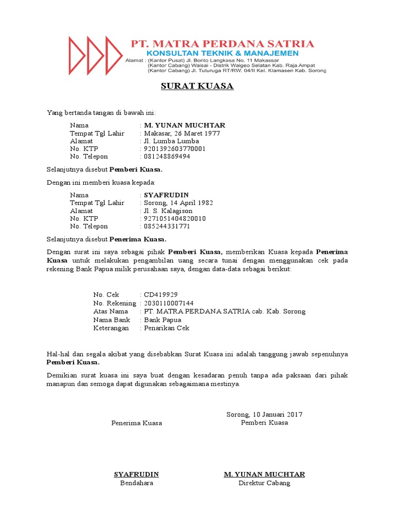 Surat Kuasa Tunai Cek