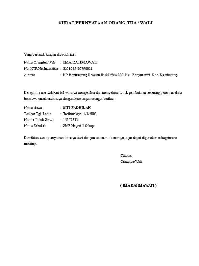 Surat Pernyataan Orang Tua
