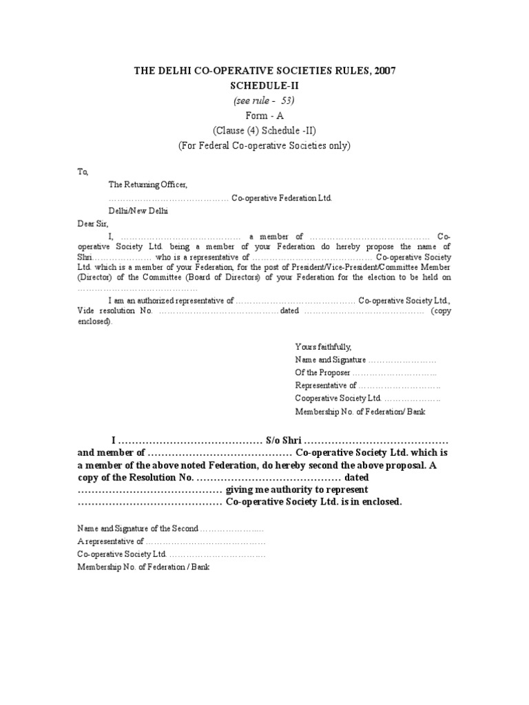 Form A (Clause (4) Schedule II) (For Federal CoOperative Societies