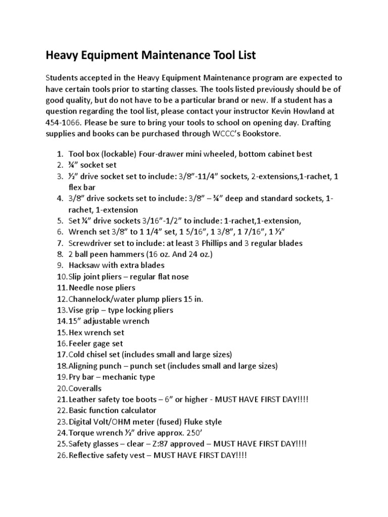 AD Document Heavy Equipment Maintenance Tool List PDF Tools