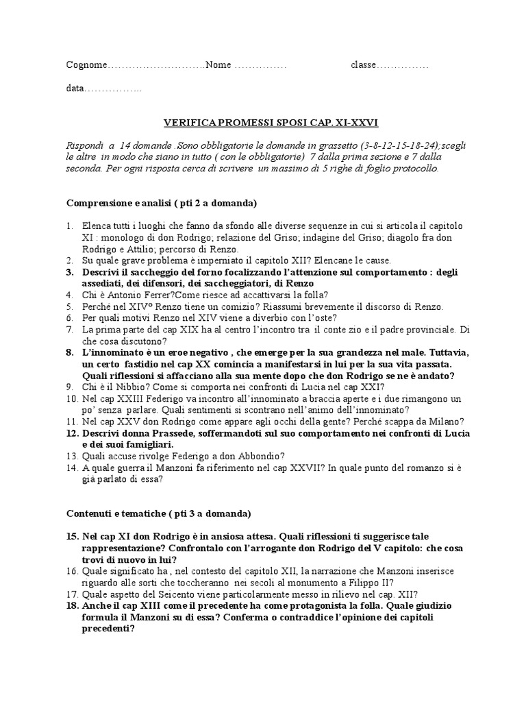 Promessi Sposi Verifica PDF