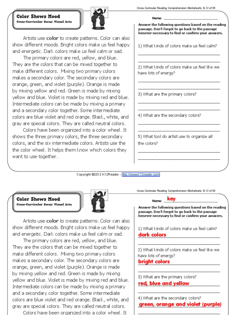 worksheet Cross Curricular Reading Comprehension Worksheets color shows mood 2nd grade reading comprehension worksheets pdf electromagnetic spectrum