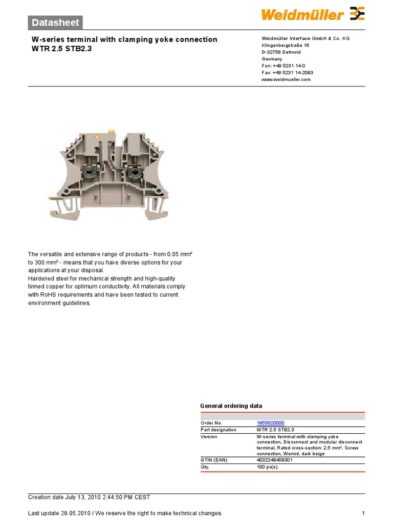Datasheet WSeries Terminal With Clamping Yoke Connection WTR 2.5 STB2