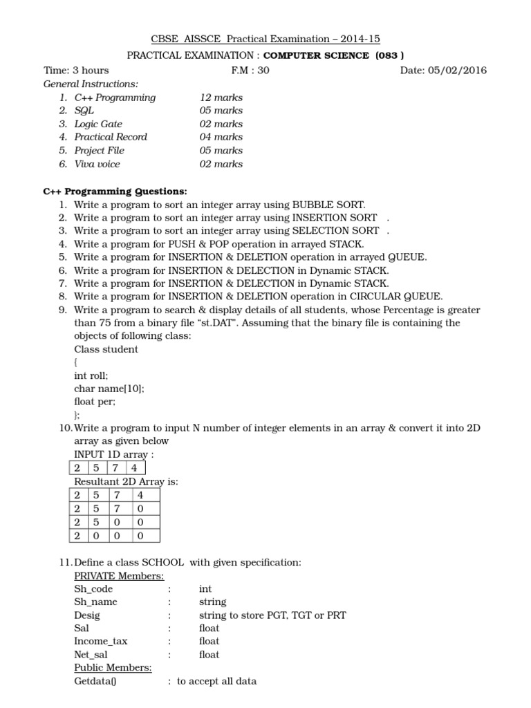 CBSE AISSCE 2015 Computer Science Practical | PDF | Array Data ...