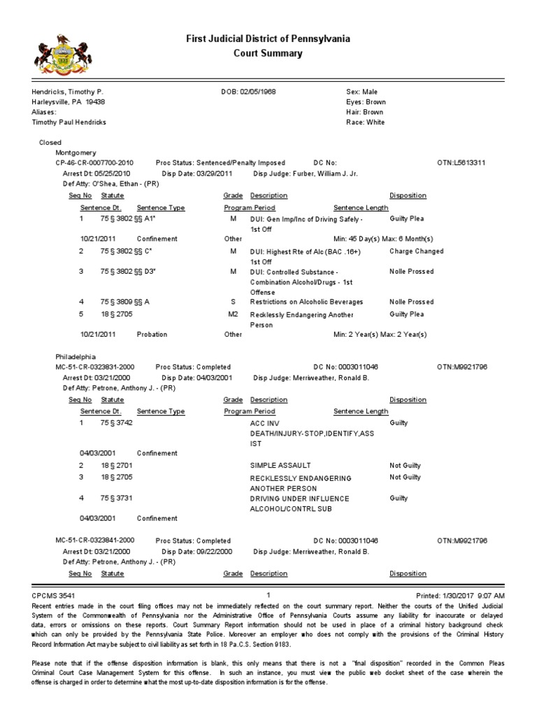 Tim Hendricks of Harleysville 2000 DUI Court Summary Report | PDF ...