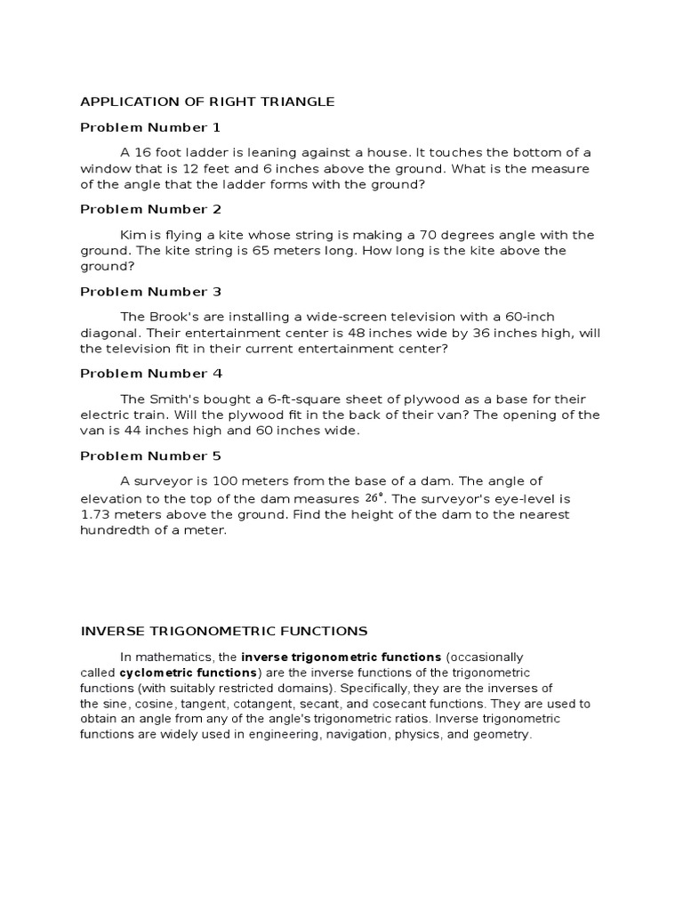 Right Triangle Applications and Solutions | PDF | Trigonometric ...