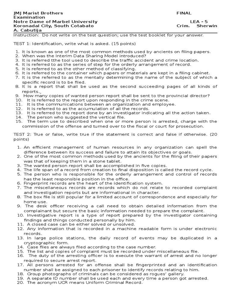 JMJ Marist Brothers Final Examination Notre Dame of Marbel University