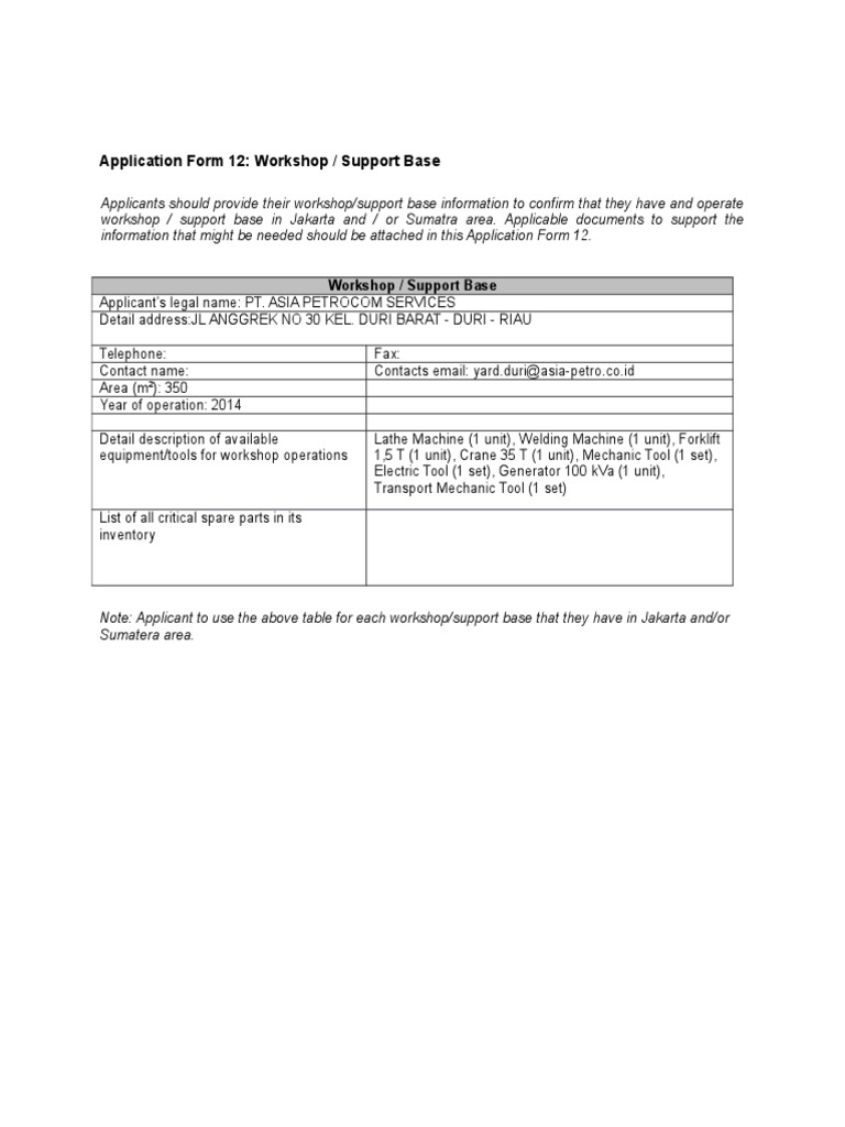 Application Form 12: Workshop / Support Base | PDF | Technology ...