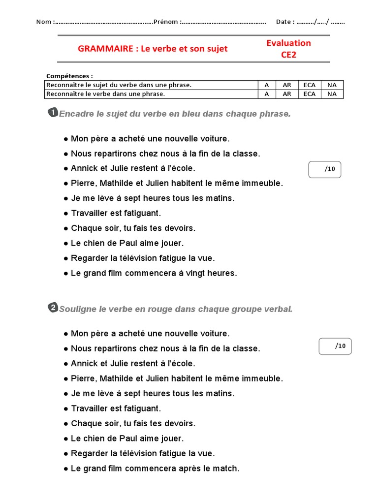 Grammaire Le Verbe Et Son Sujet Evaluation Ce2