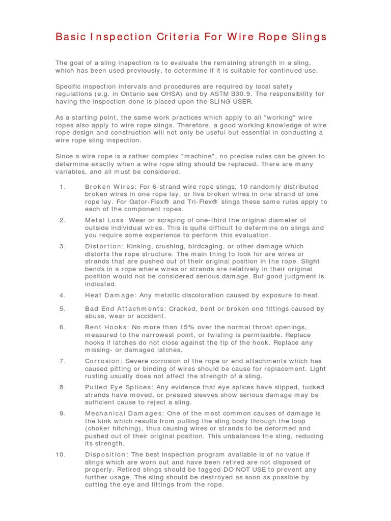 Basic Inspection Criteria for Wire Rope Slings Rope Wire