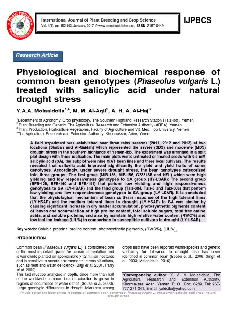 Physiological and Biochemical Response of Common Bean Genotypes ...