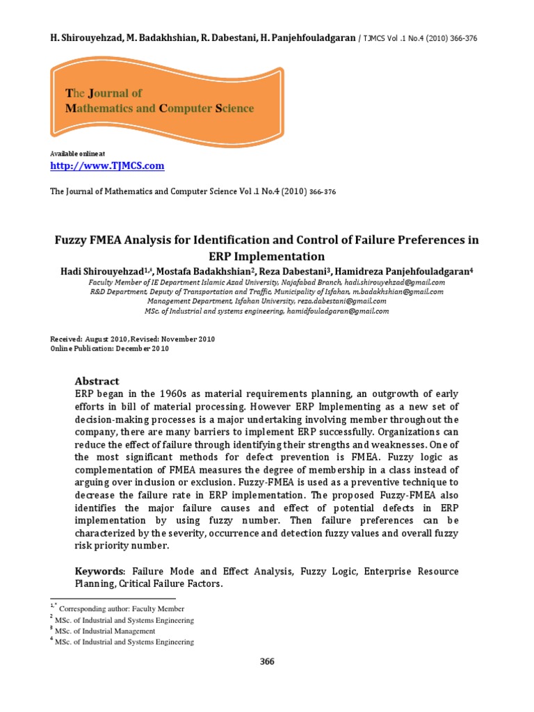 Fuzzy FMEA for ERP Failure Analysis | PDF | Enterprise Resource ...