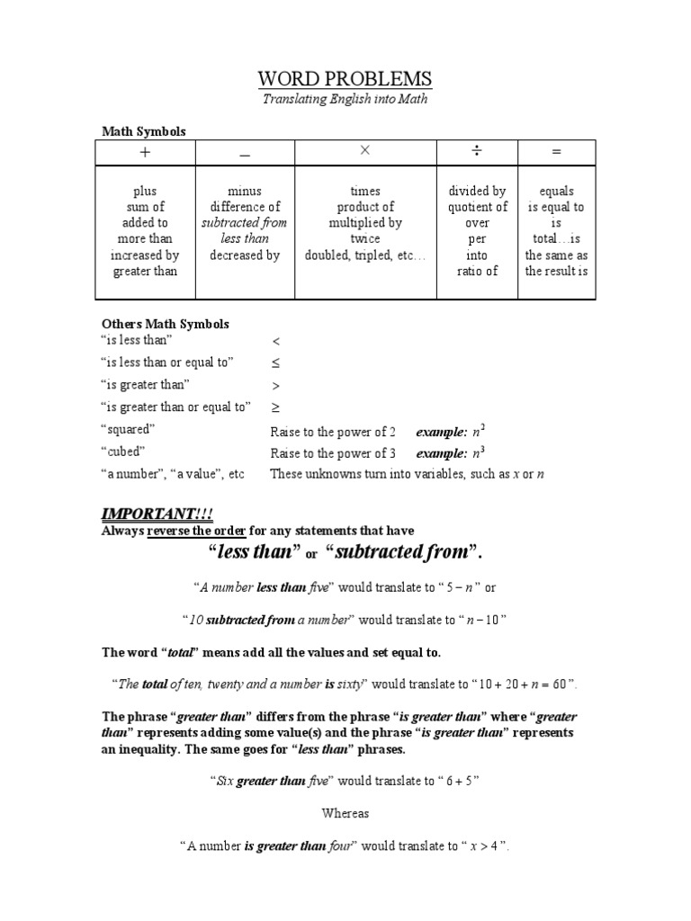 Word Problems: Translating English Into Math | PDF