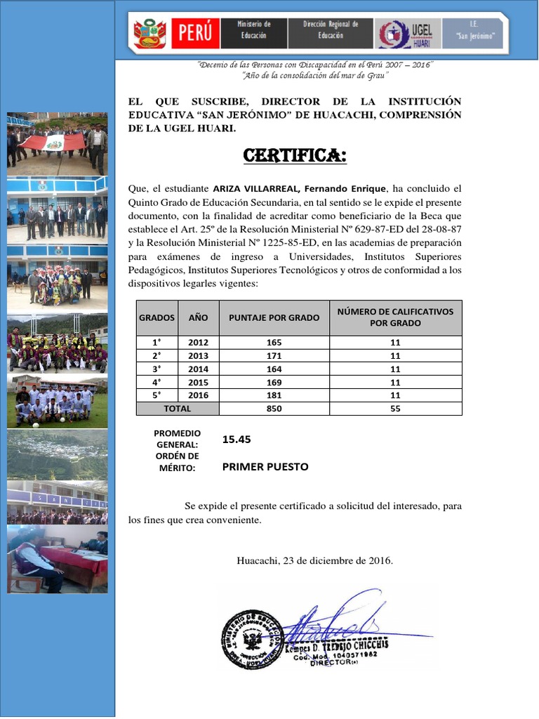 Certificado de Promoción de Estudios Educación