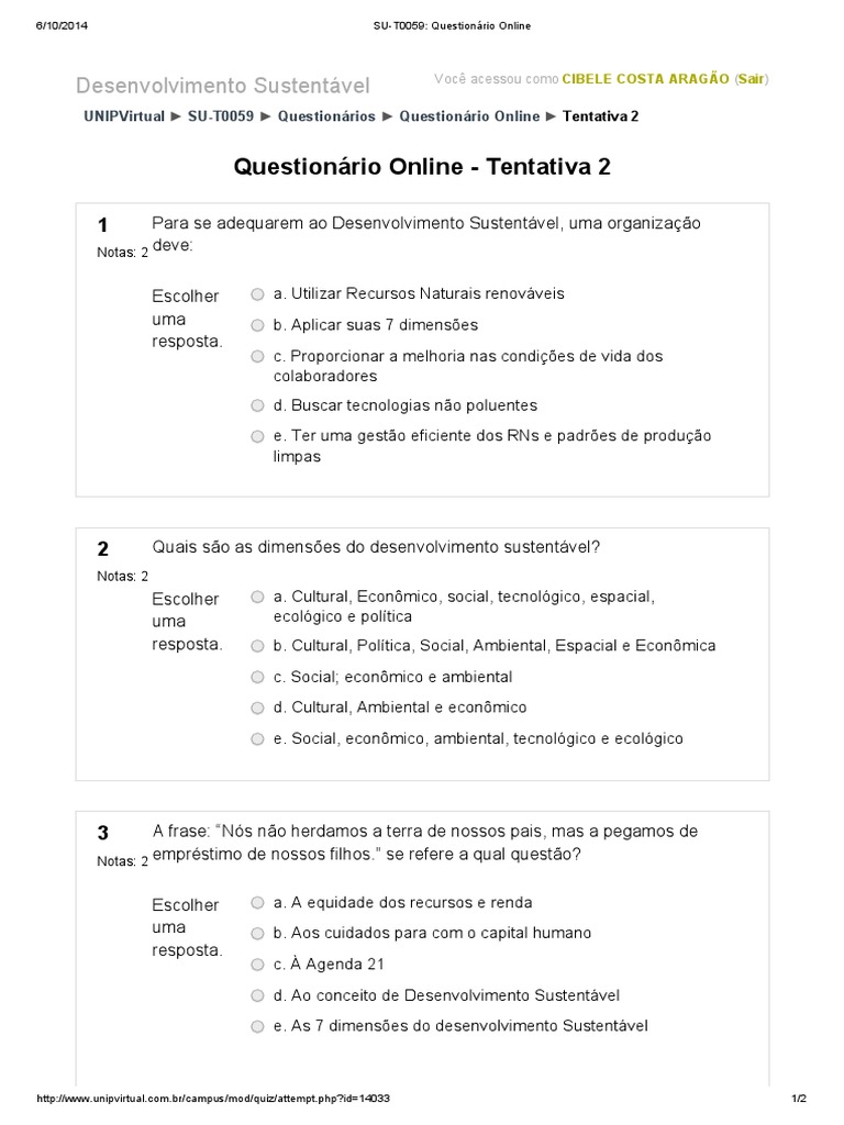 Questionário sobre Desenvolvimento Sustentável | PDF