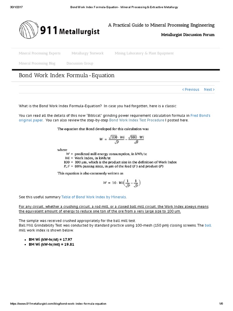 Bond Work Index Formula Explained | PDF | Metallurgy | Chemistry
