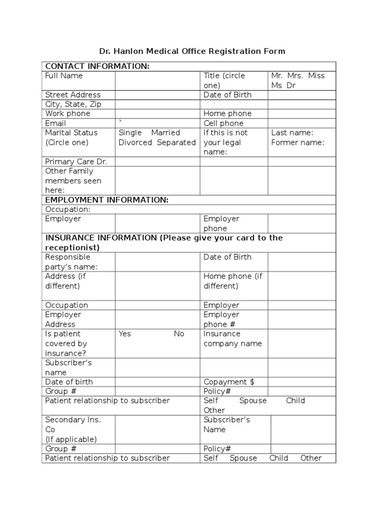 Dr. Hanlon Medical Office Registration Form Contact Information | PDF
