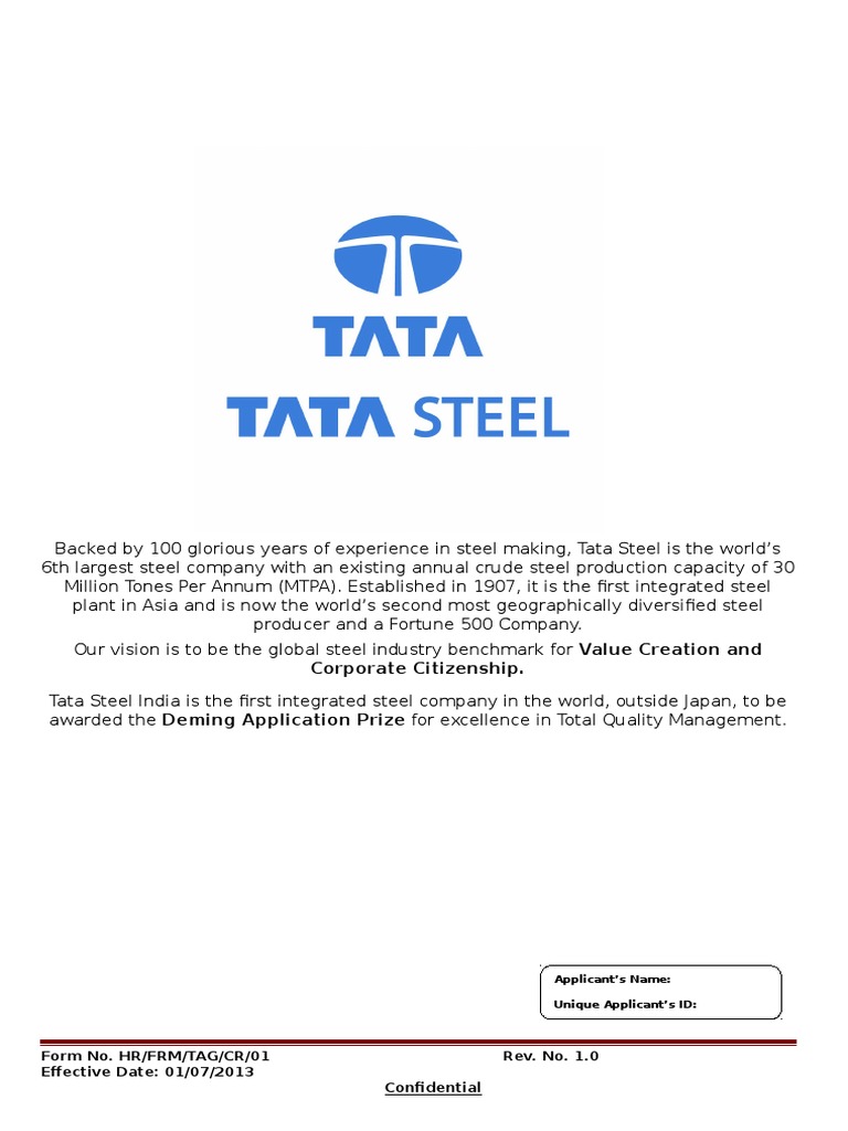 Tata Steel Application Form Business Business (General)