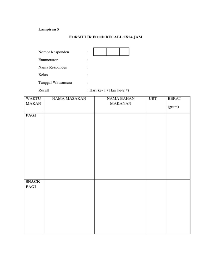 Formulir Food Recall 2x24 Jam | PDF