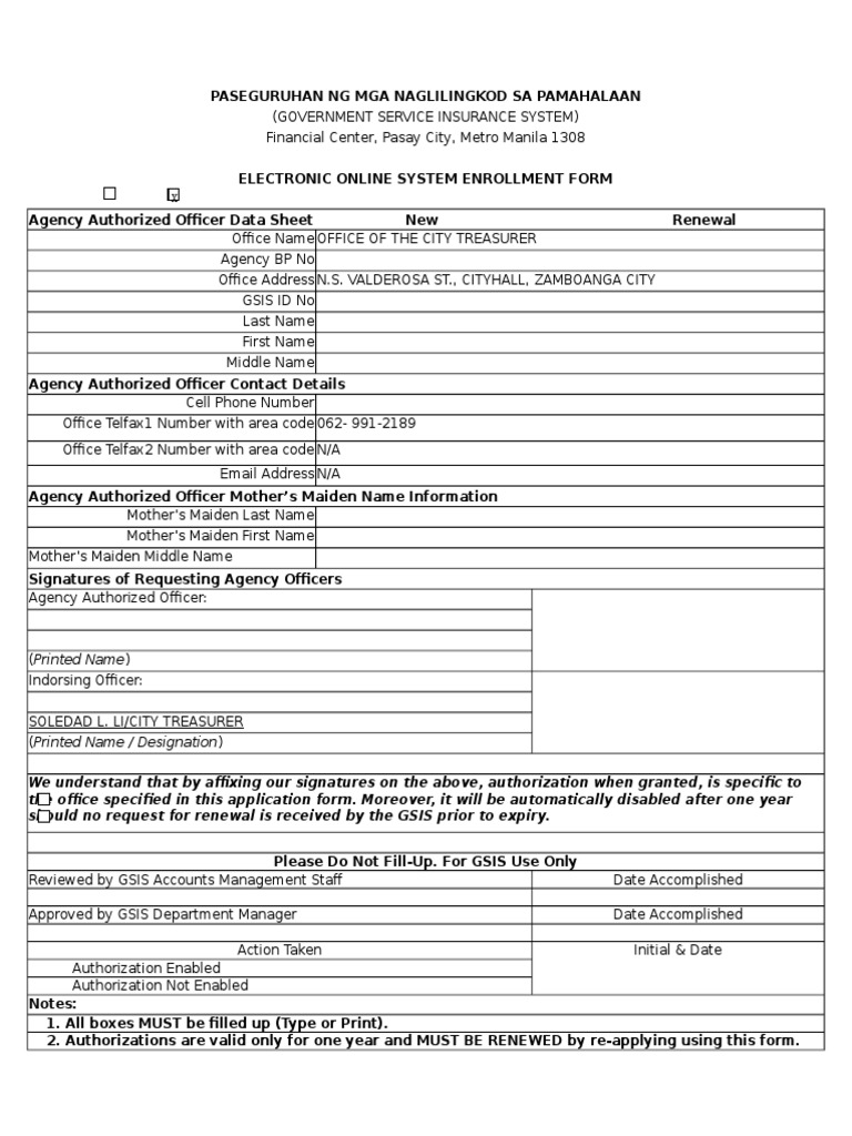 GSIS AAO Enrollment Form Zamboanga City | PDF | Communication ...