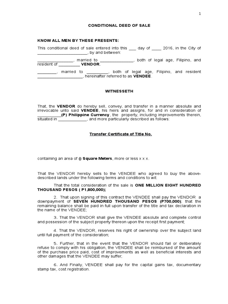 Property Conditional Deed Of Sale Of Property Philippines