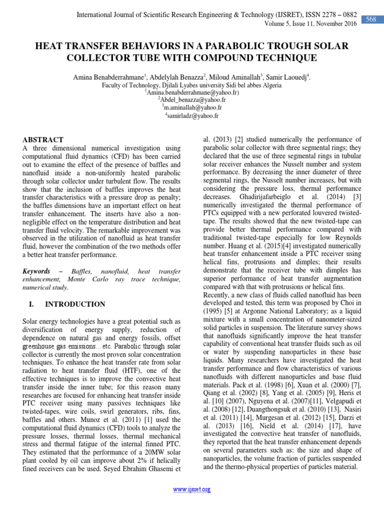 Heat Transfer Behaviors in A Parabolic Trough Solar Collector Tube With ...