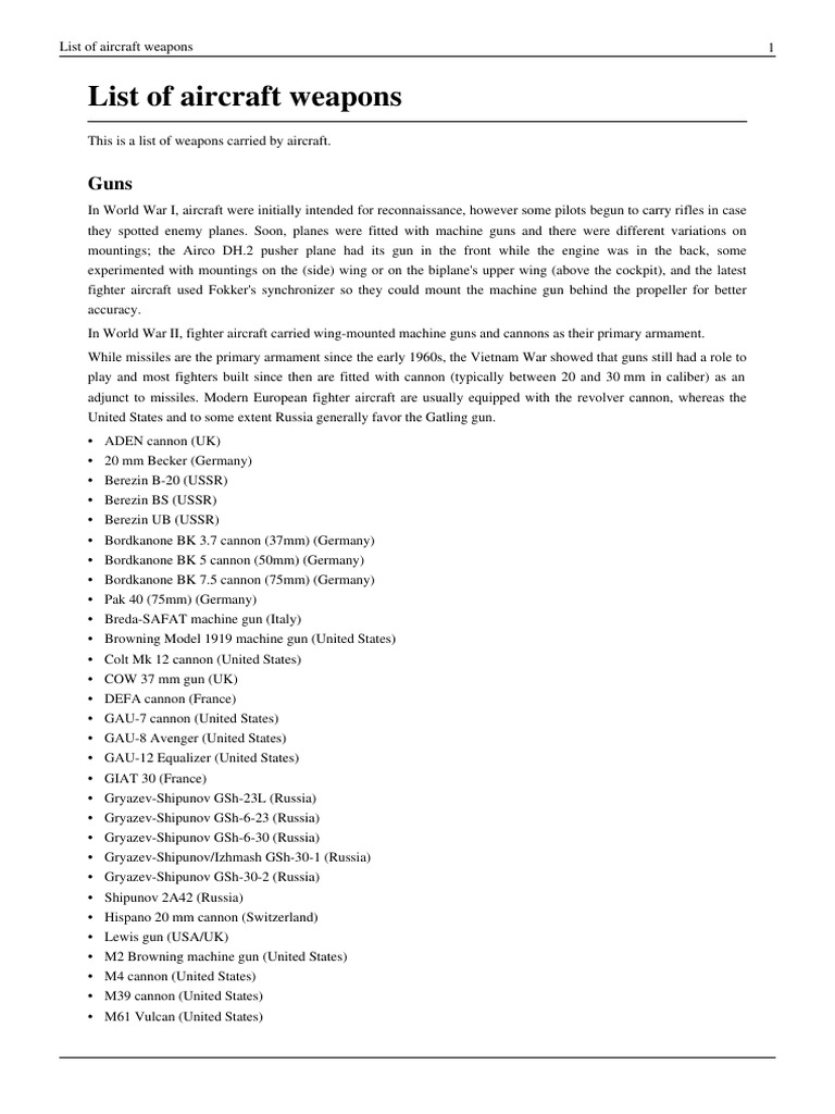 List of Aircraft Weapons PDF Fighter Aircraft Machine Gun