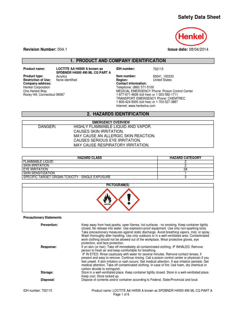 Safety Data Sheet for LOCTITE AA H4500 A Acrylic Adhesive PDF