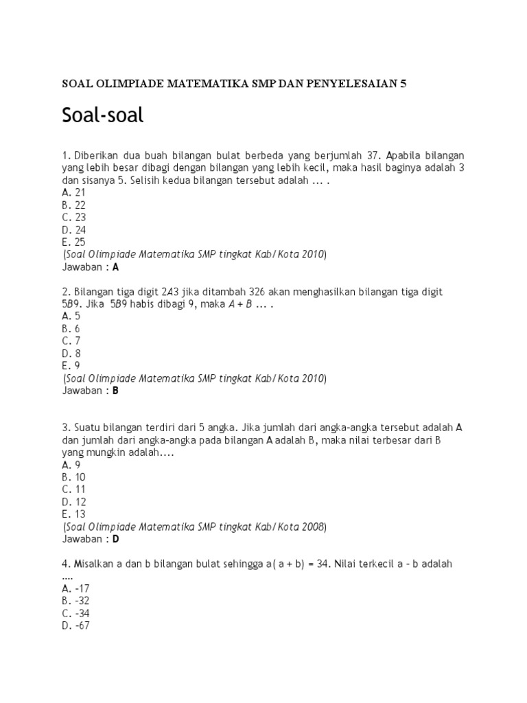 Soal Olimpiade Matematika Smp Dan Penyelesaian 5