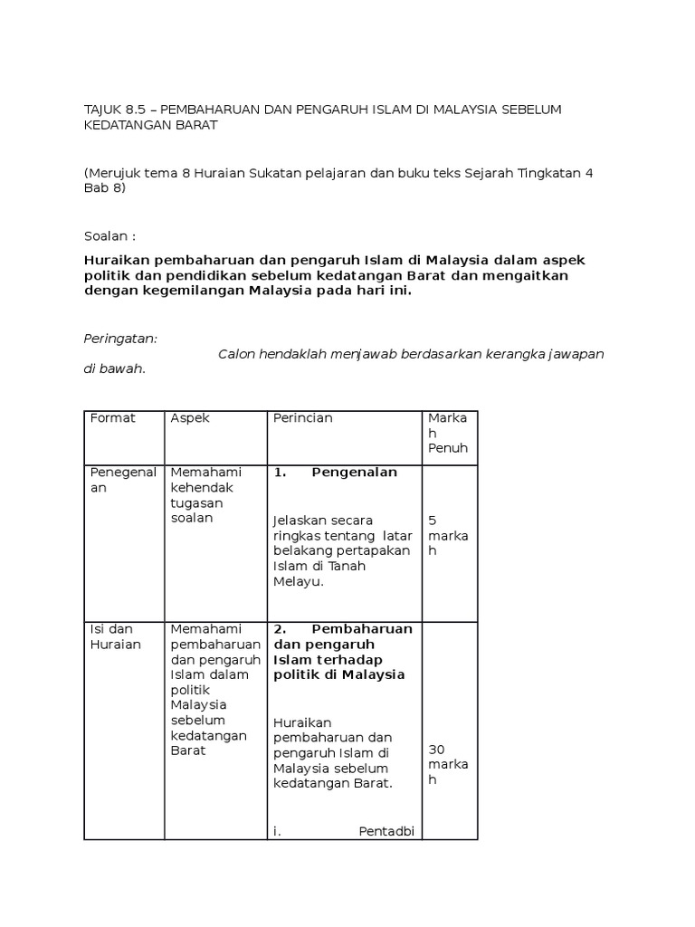 Contoh Soalan Tingkatan 4 Dan Jawapan Bab 8 Sejarah