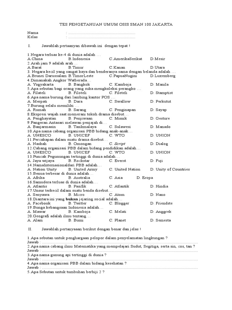 Soal Pengetahuan Umum Untuk Tes Osis Jawabanku.id