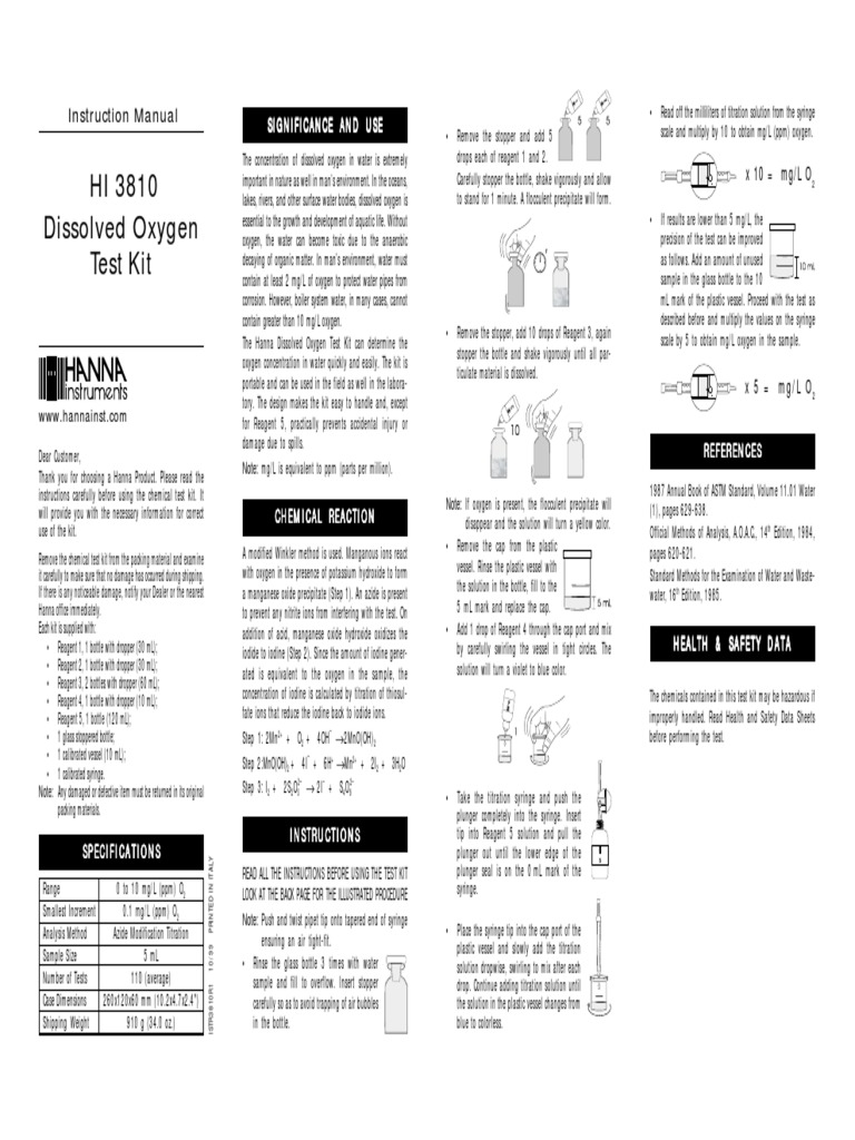 HI 3810 Dissolved Oxygen Test Kit Instruction Manual PDF Iodine