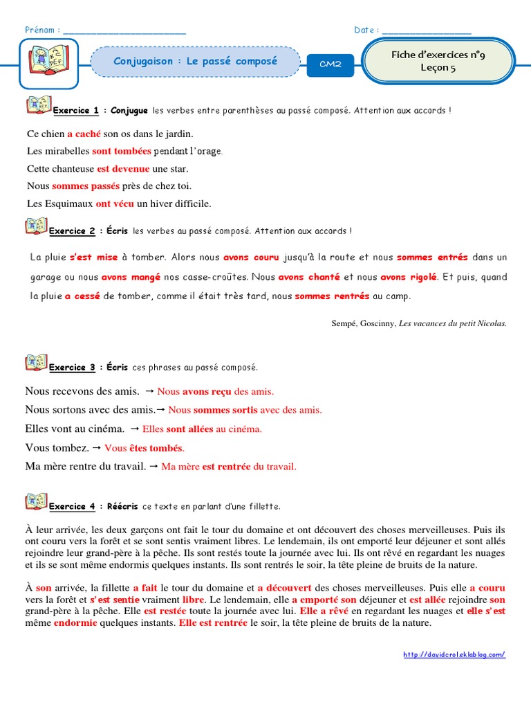 Exercice Passé Composé Cm1 Avec Correction Fiche 9 Le Passe Compose Correction | PDF